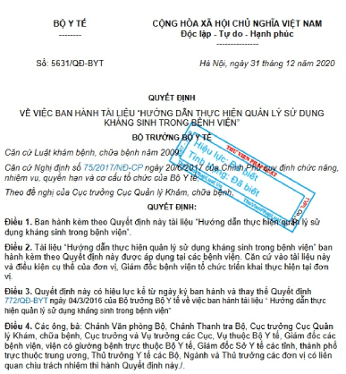Quyết định Bộ y tế về việc ban hành tài liệu hướng dẫn thực hiện quản lý sử dụng kháng sinh trong Bệnh viện