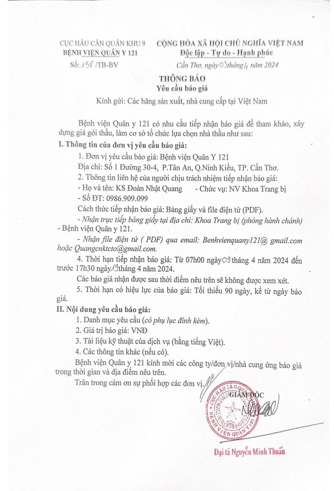 BỆNH VIỆN QUÂN Y 121 THÔNG BÁO YÊU CẦU BÁO GIÁ