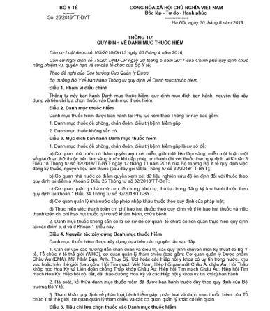 THÔNG TƯ 26/BYT QUY ĐỊNH VỀ DANH MỤC THUỐC HIẾM