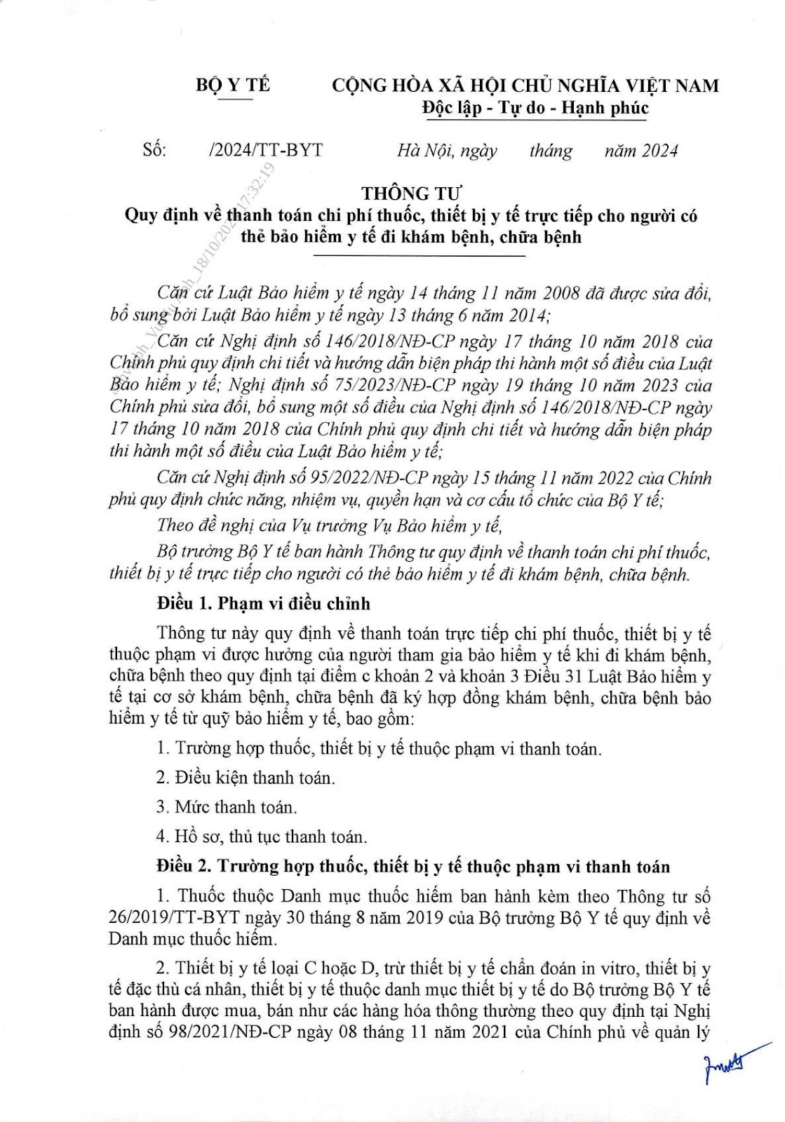 Thông tư 22/BYT quy định về thanh toán chi phí thuốc, thiết bị y tế trực tiếp cho người có thẻ bảo hiểm y tế đi khám bệnh, chữa bệnh