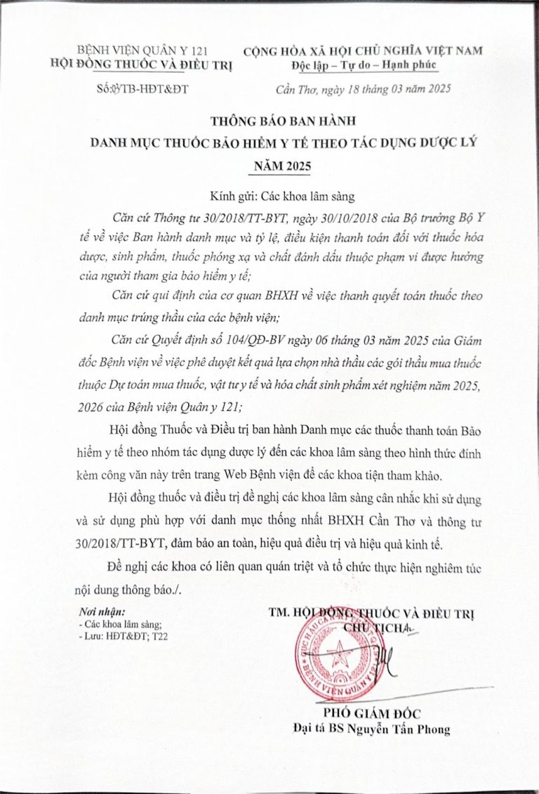 THÔNG BÁO BAN HÀNH DANH MỤC THUỐC BẢO HIỂM Y TẾ THEO TÁC DỤNG DƯỢC LÝ NĂM 2025