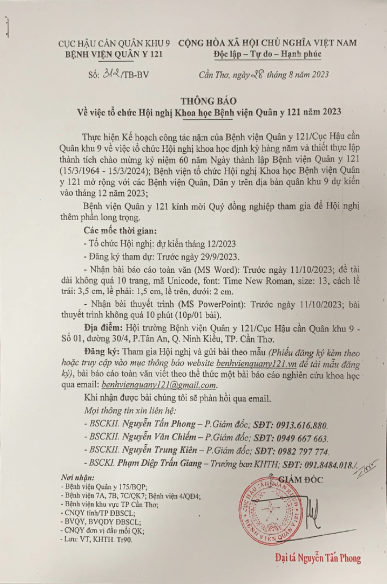 THÔNG BÁO VỀ VIỆC TỔ CHỨC HỘI NGHỊ KHOA HỌC BỆNH VIỆN QUÂN Y 121 NĂM 2023
