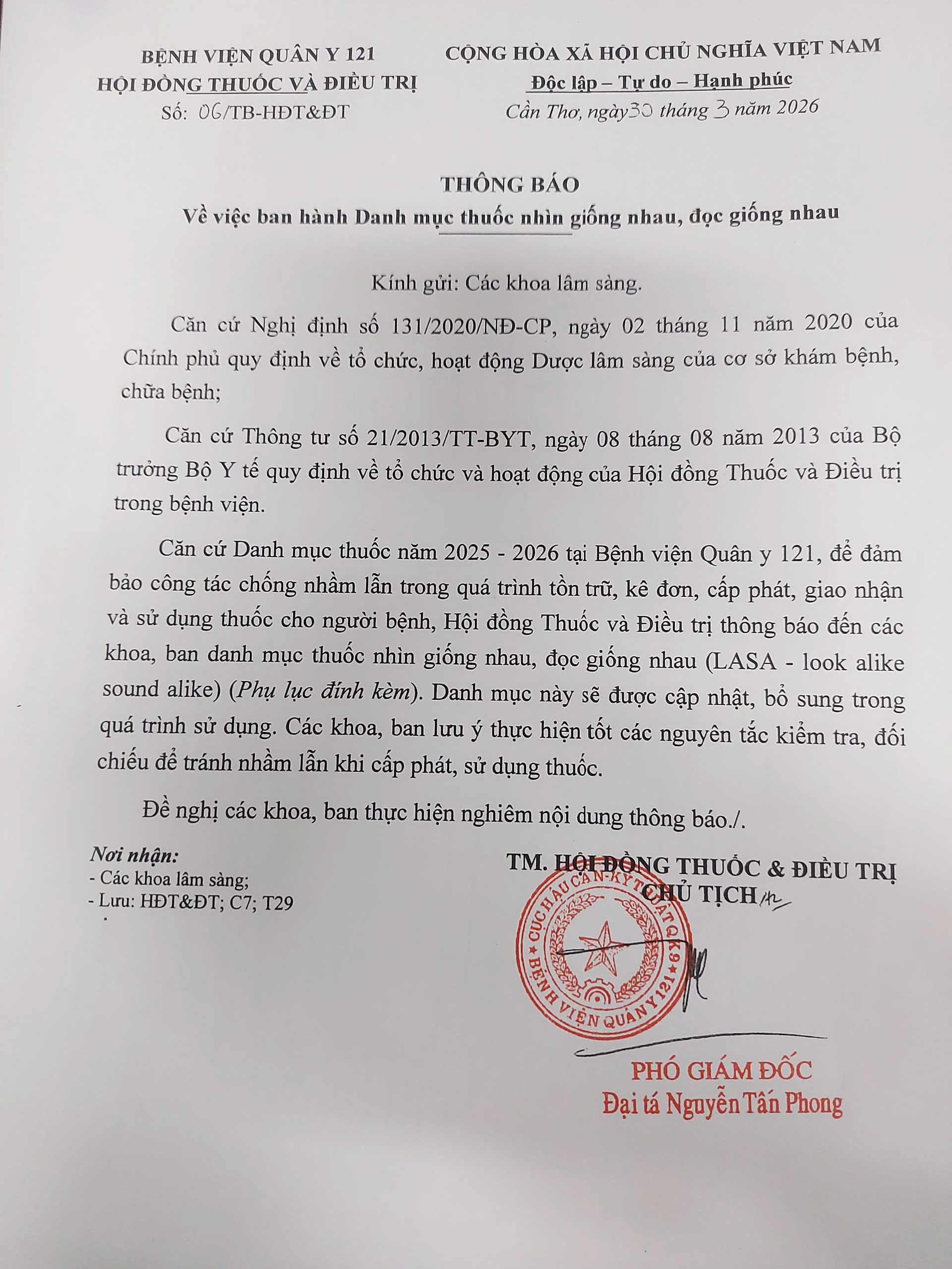 THÔNG BÁO Về việc ban hành Danh mục thuốc nhìn giống nhau, đọc giống nhau