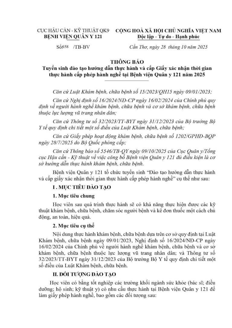 BỆNH VIỆN QUÂN Y 121 THÔNG BÁO TUYỂN SINH ĐÀO TẠO HƯỚNG DẪN THỰC HÀNH